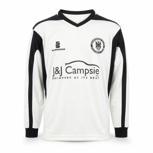 Front view of Surridge boys’ football jersey white black l long sleeve