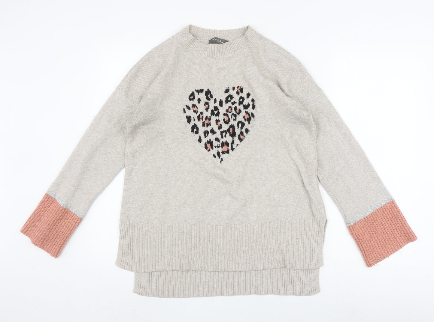 Oasis Women's Beige Heart Print Pullover Jumper - Size S