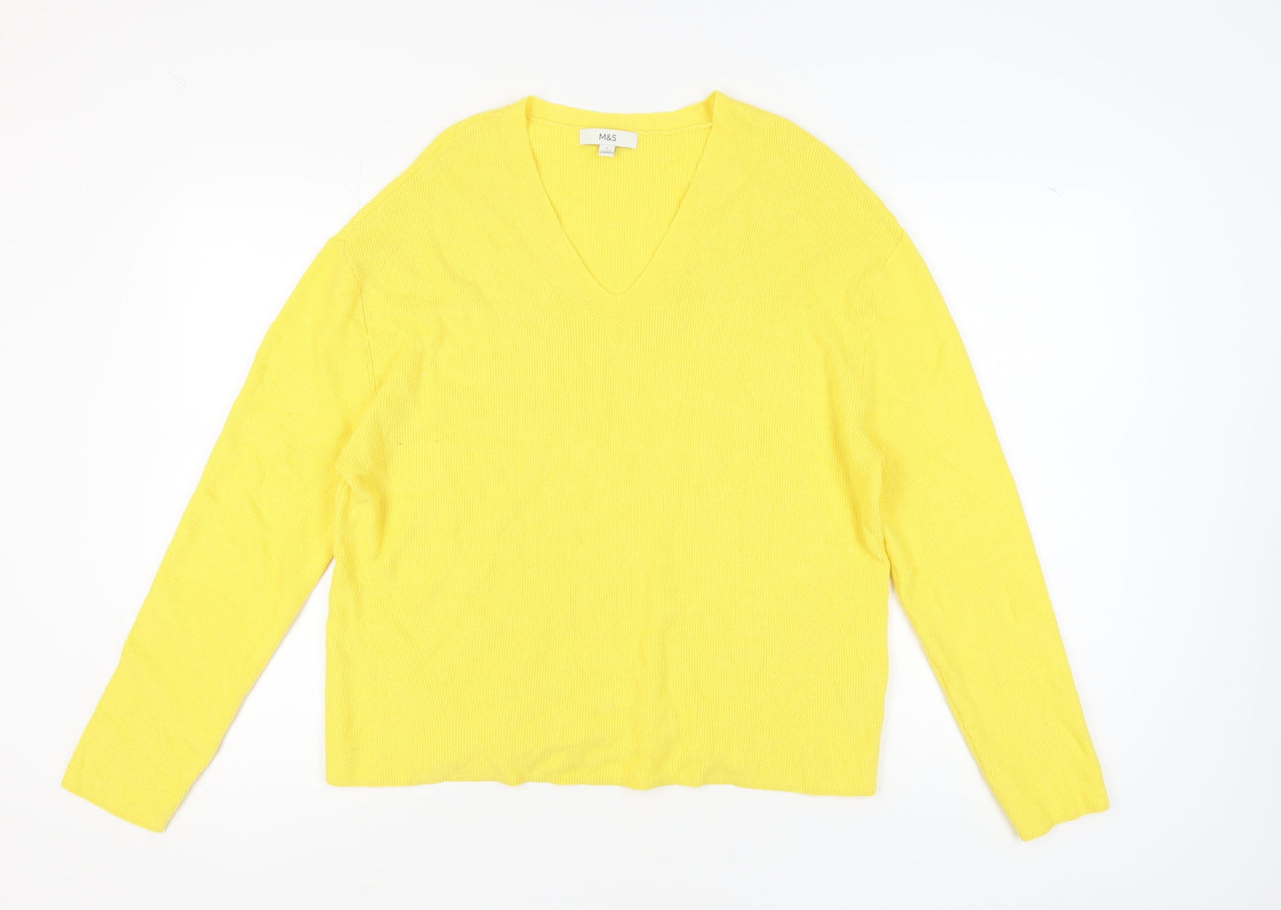 Marks and Spencer Women's Yellow V-Neck Pullover Jumper L