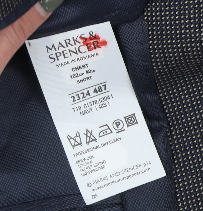 Marks and Spencer Men's Navy Check Wool Silk Blazer 40 Short