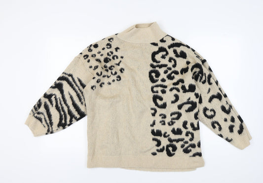 Topshop Women's Beige High Neck Animal Print Jumper S