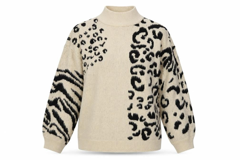 Topshop Women's Beige High Neck Animal Print Jumper S