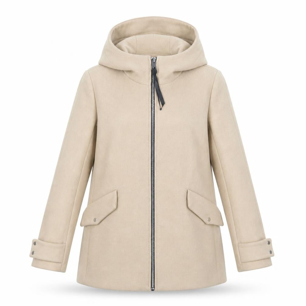 Mango Women's Beige XS Hooded Coat, Mid-Length, Zip Closure