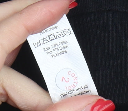 Close-up detail of F.R.I.E.N.D.S girls’ black pullover sweatshirt, 10-11 years