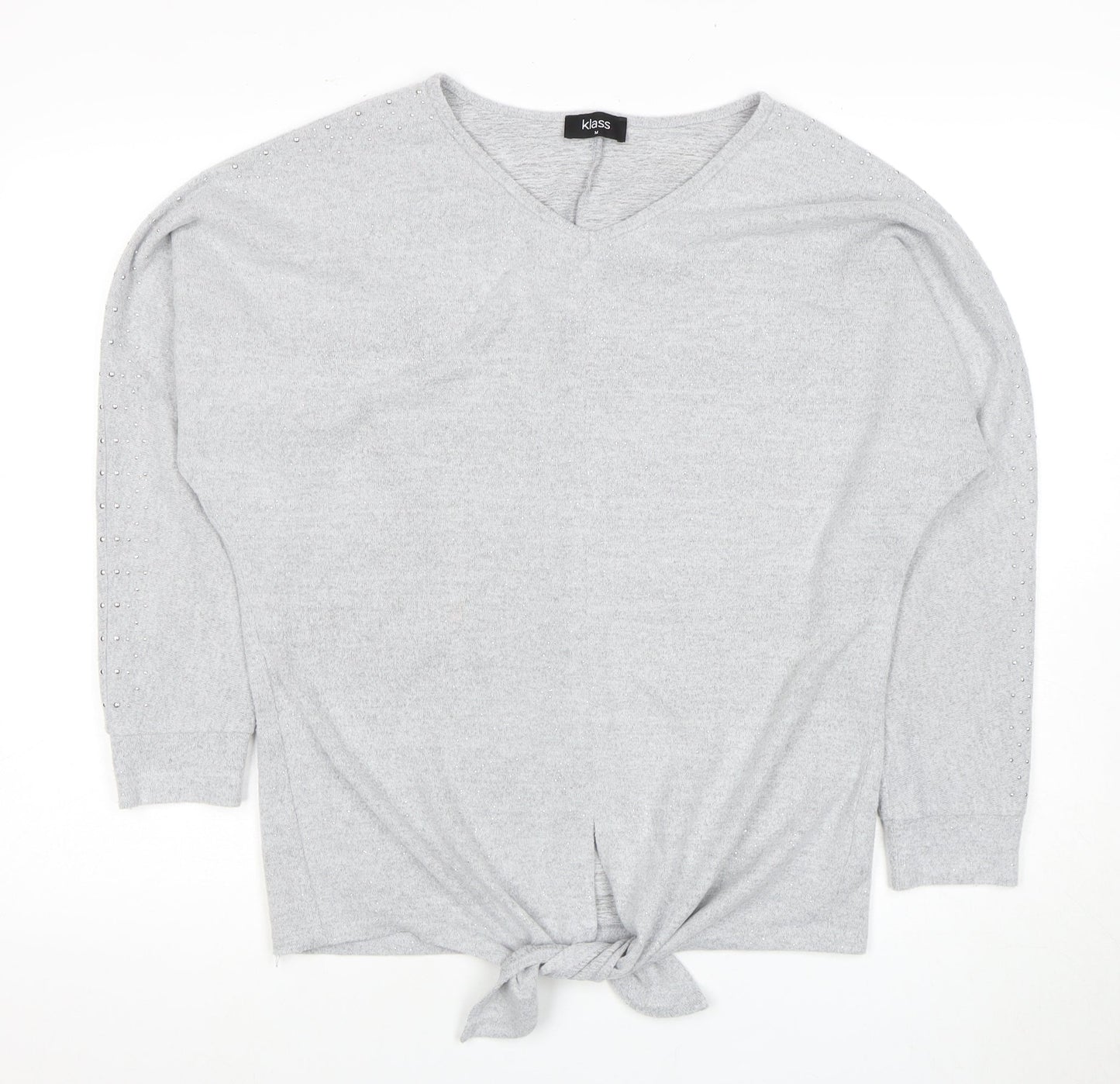 Klass Women's Grey Pullover Jumper, Studded V-Neck, Size M
