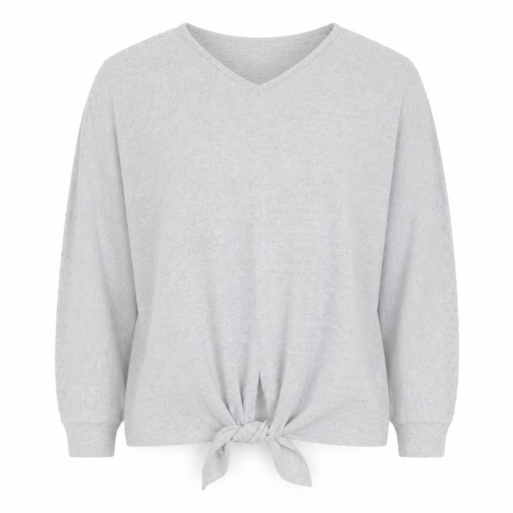 Klass Women's Grey Pullover Jumper, Studded V-Neck, Size M