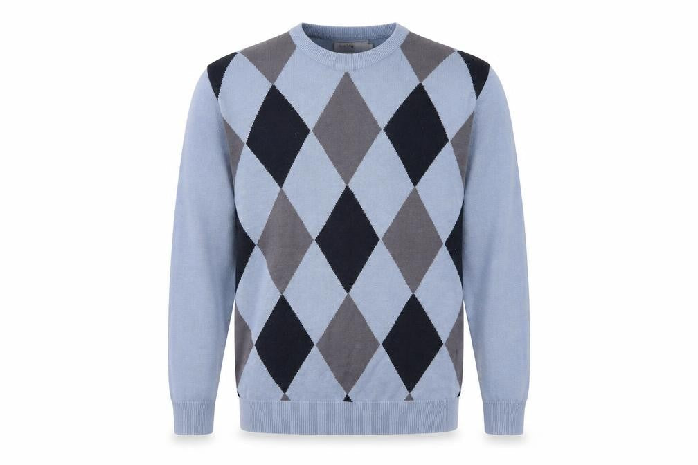 EWM Men's Blue Argyle Jumper Size L Cotton Acrylic