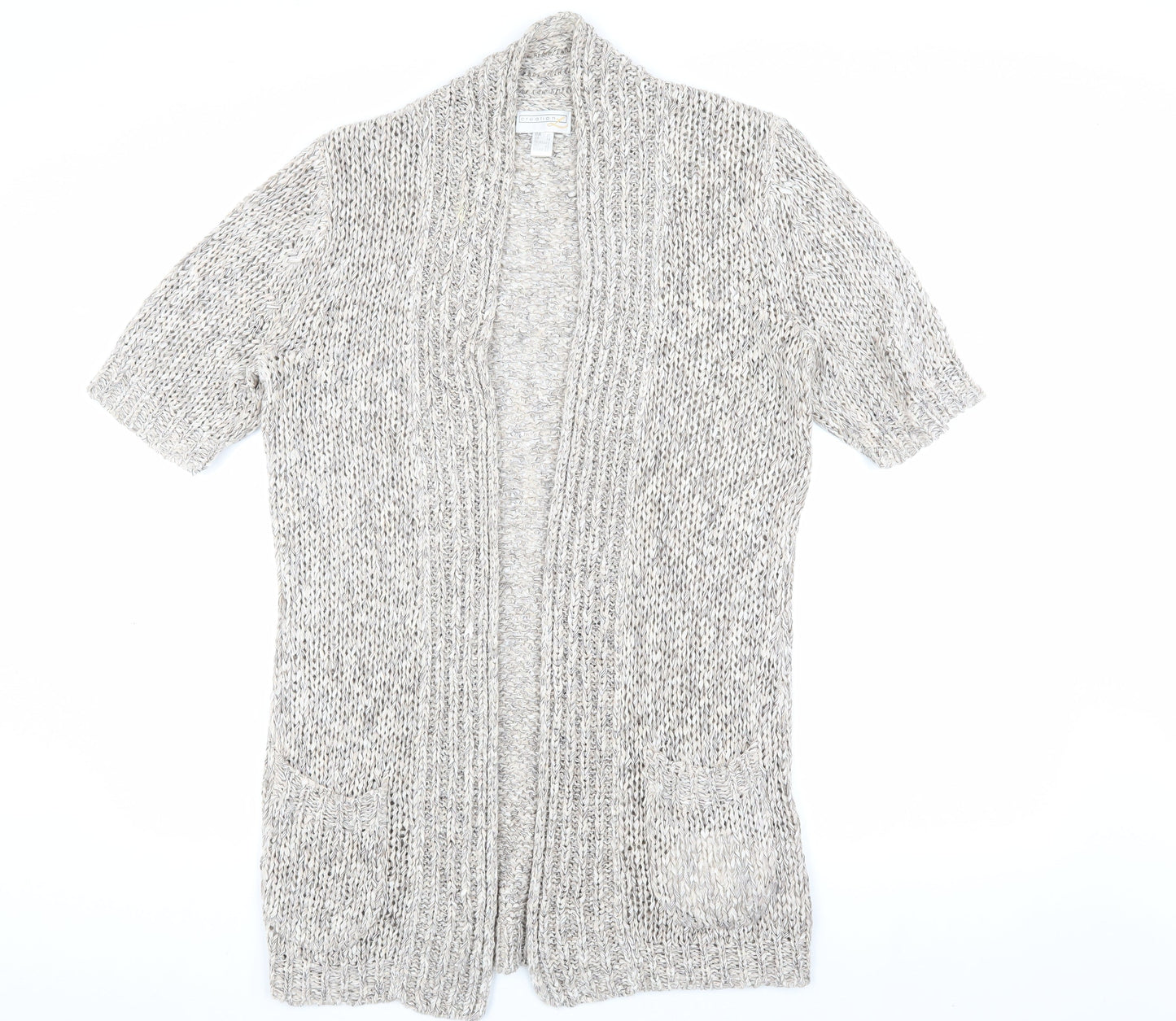 Creation L Women's Grey Open Front Cardigan, Size 14, Open-Knit Short Sleeve