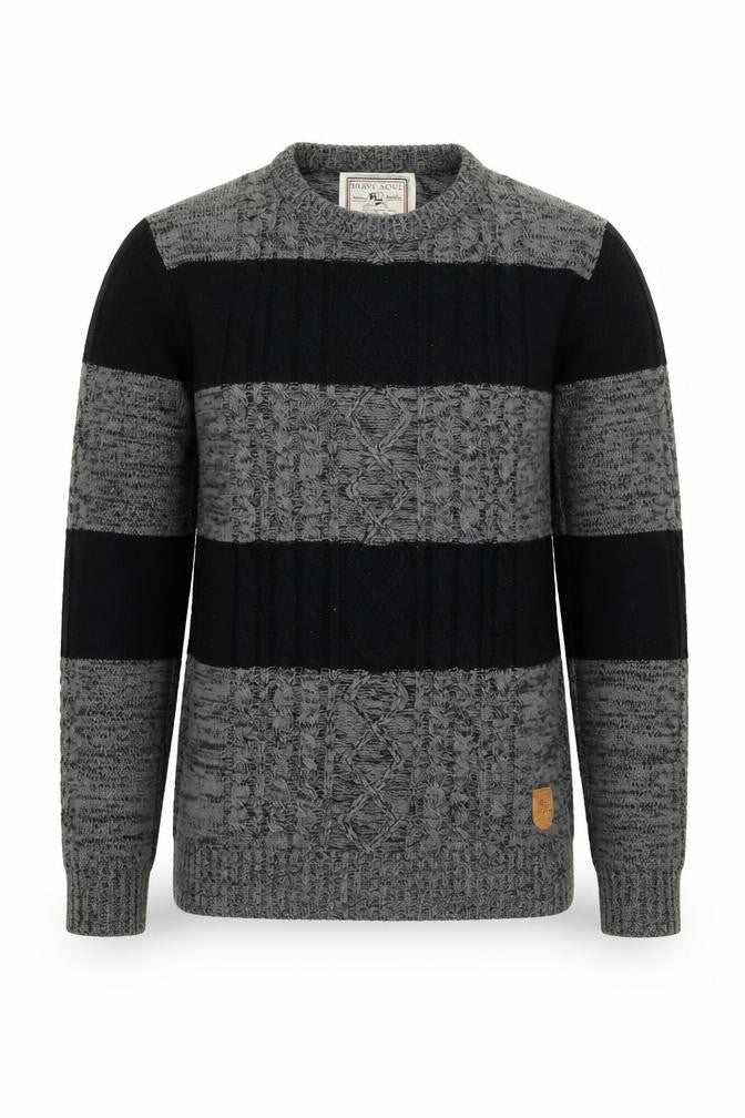 Brave Soul Men’s Striped Pullover Jumper, S, Black/Grey