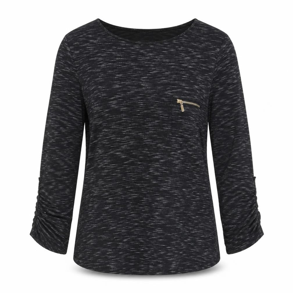 Active USA Women's Black 3/4 Sleeve Top, L, Zip Accent