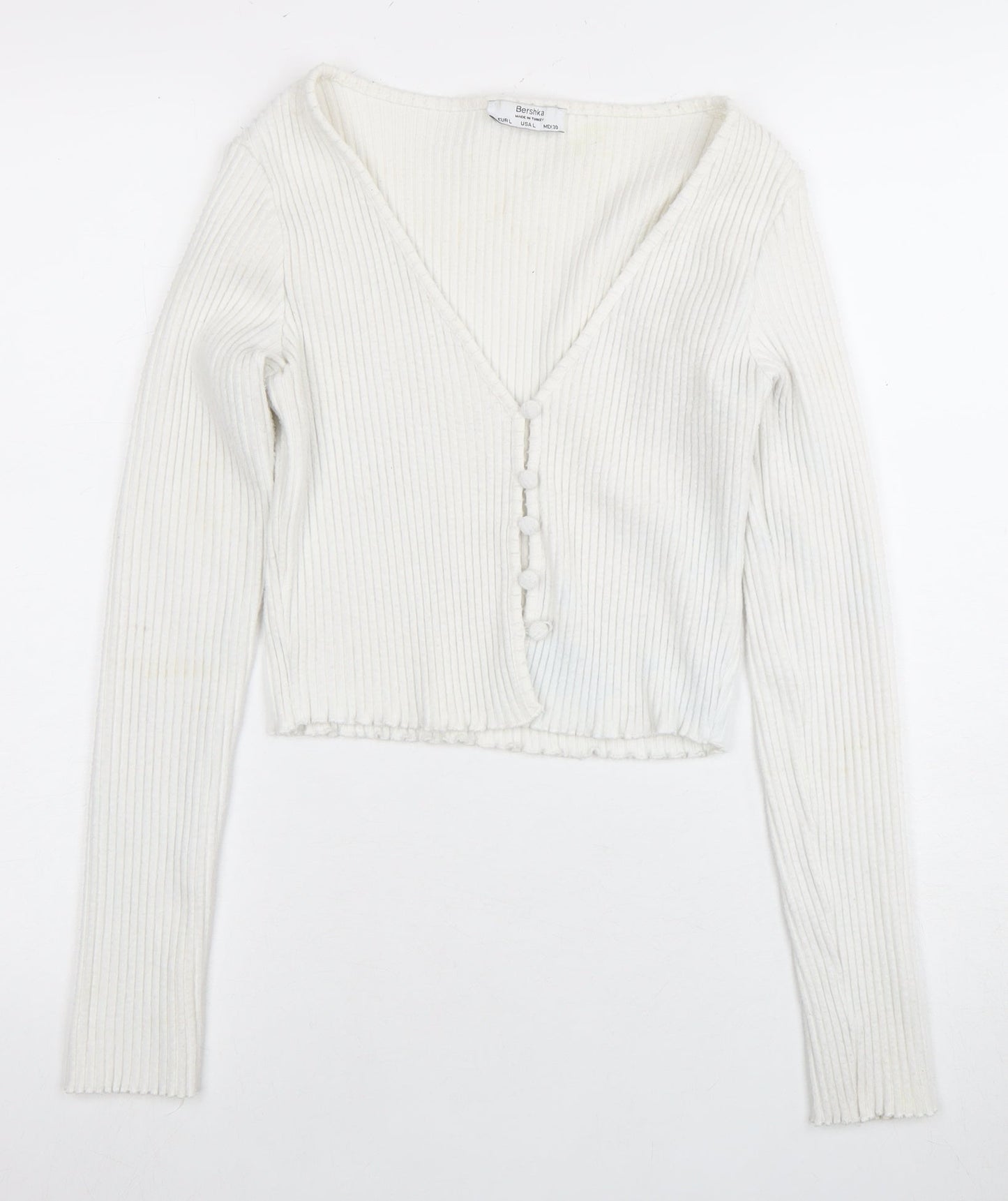 Bershka Women's White Cardigan, Size 2, V-Neck