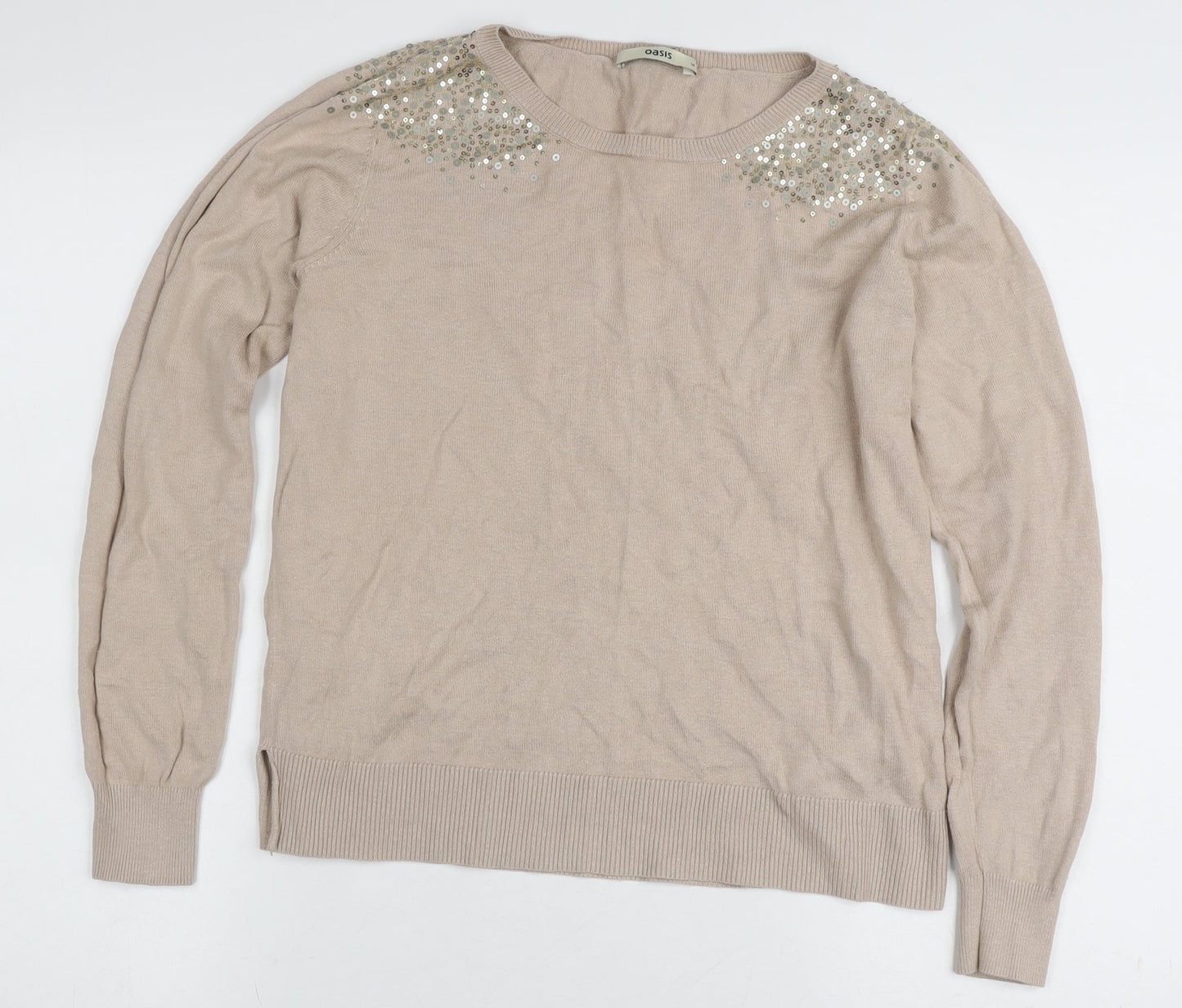 Oasis Women's Beige Pullover Jumper, Sequin Accent, Medium