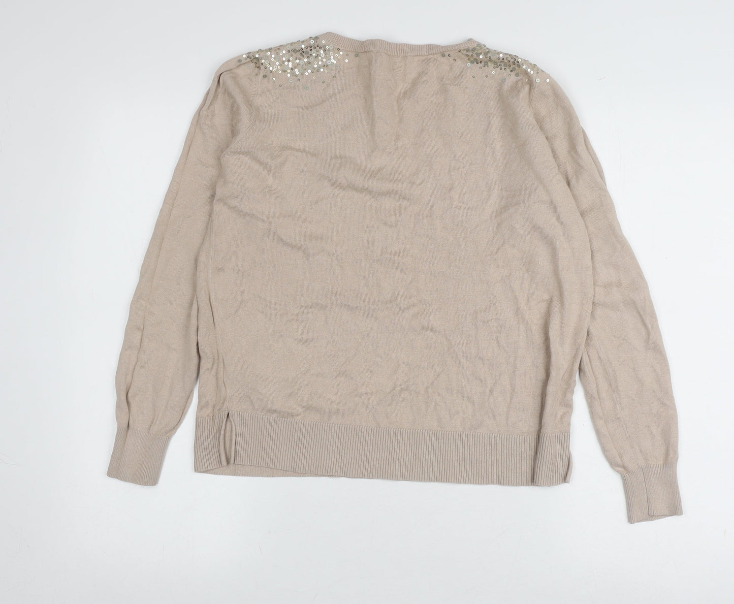 Oasis Women's Beige Pullover Jumper, Sequin Accent, Medium