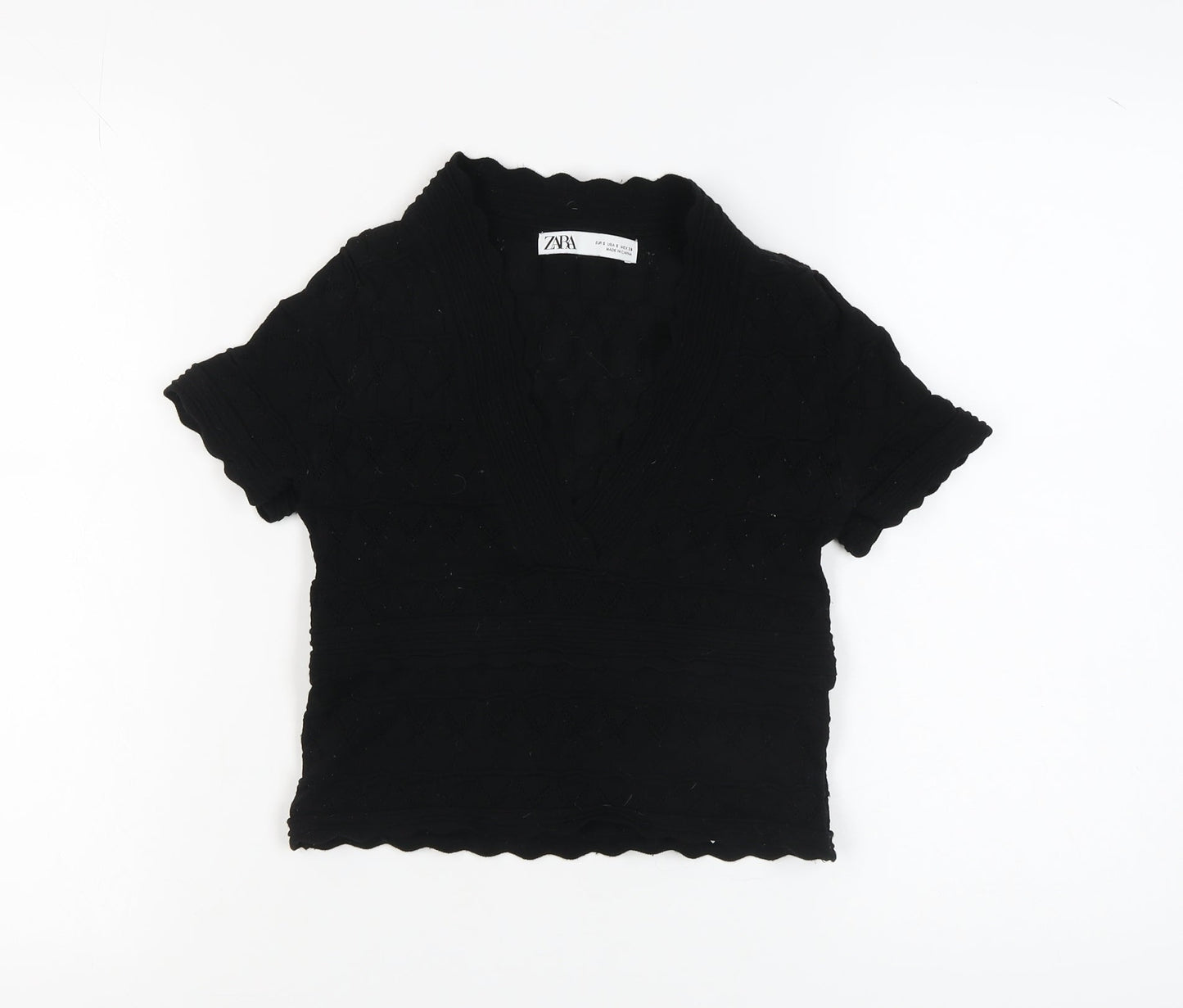 Zara Women's Black V-Neck Short Sleeve Knit Top Size 8