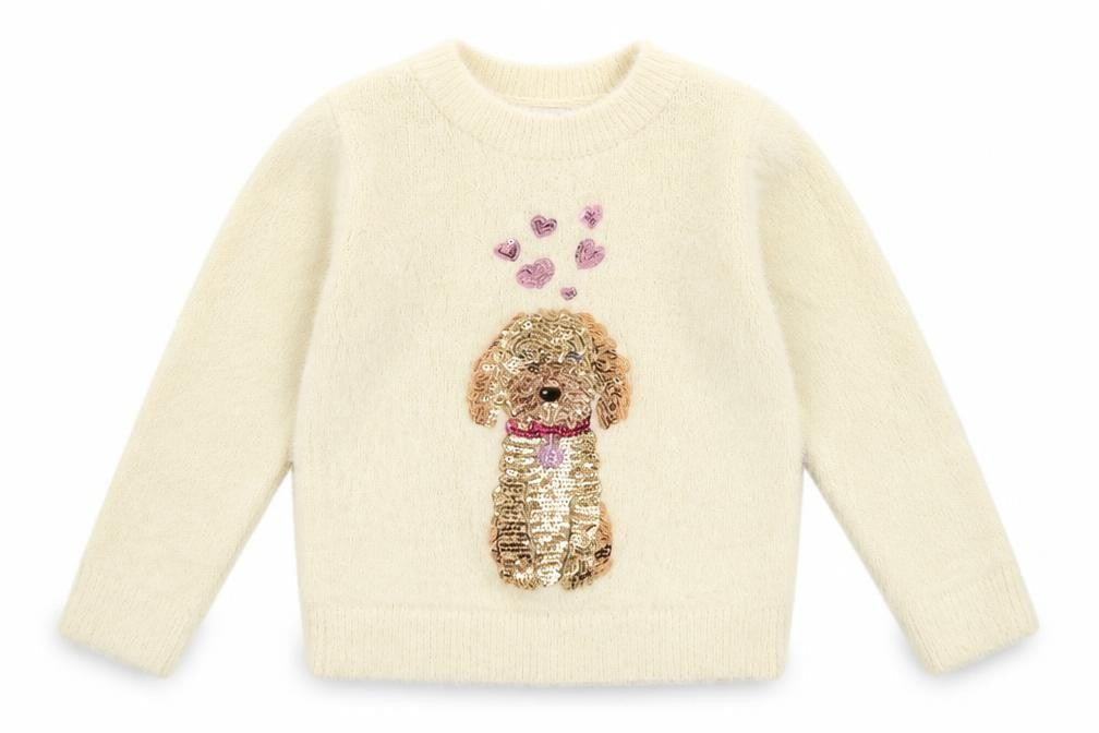 M&Co Girls Ivory Sequin Dog Pullover Jumper 2-3 Years