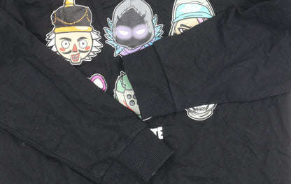 Close-up detail of Fortnite boys’ black pullover sweatshirt 12y graphic print