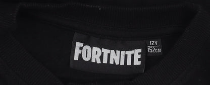 Brand and care label for Fortnite boys’ black pullover sweatshirt 12y graphic print