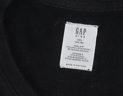 Brand and care label for Gap girls’ black pullover sweatshirt, size 14y, logo accent