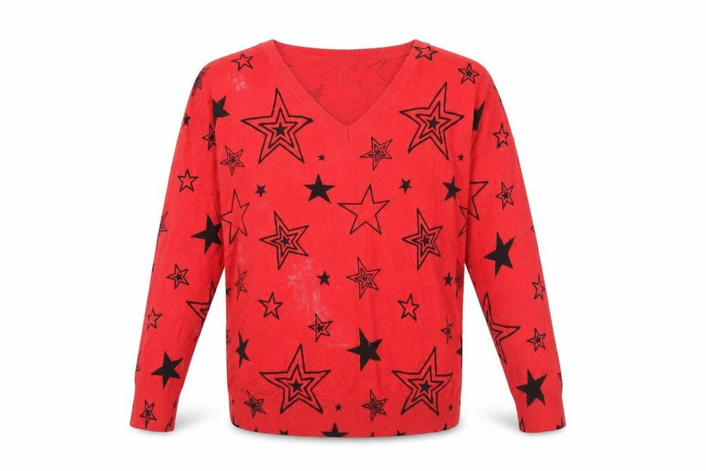 Capsule Women's Red Star Print V-Neck Pullover Jumper Size 16