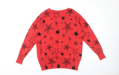 Capsule Women's Red Star Print V-Neck Pullover Jumper Size 16