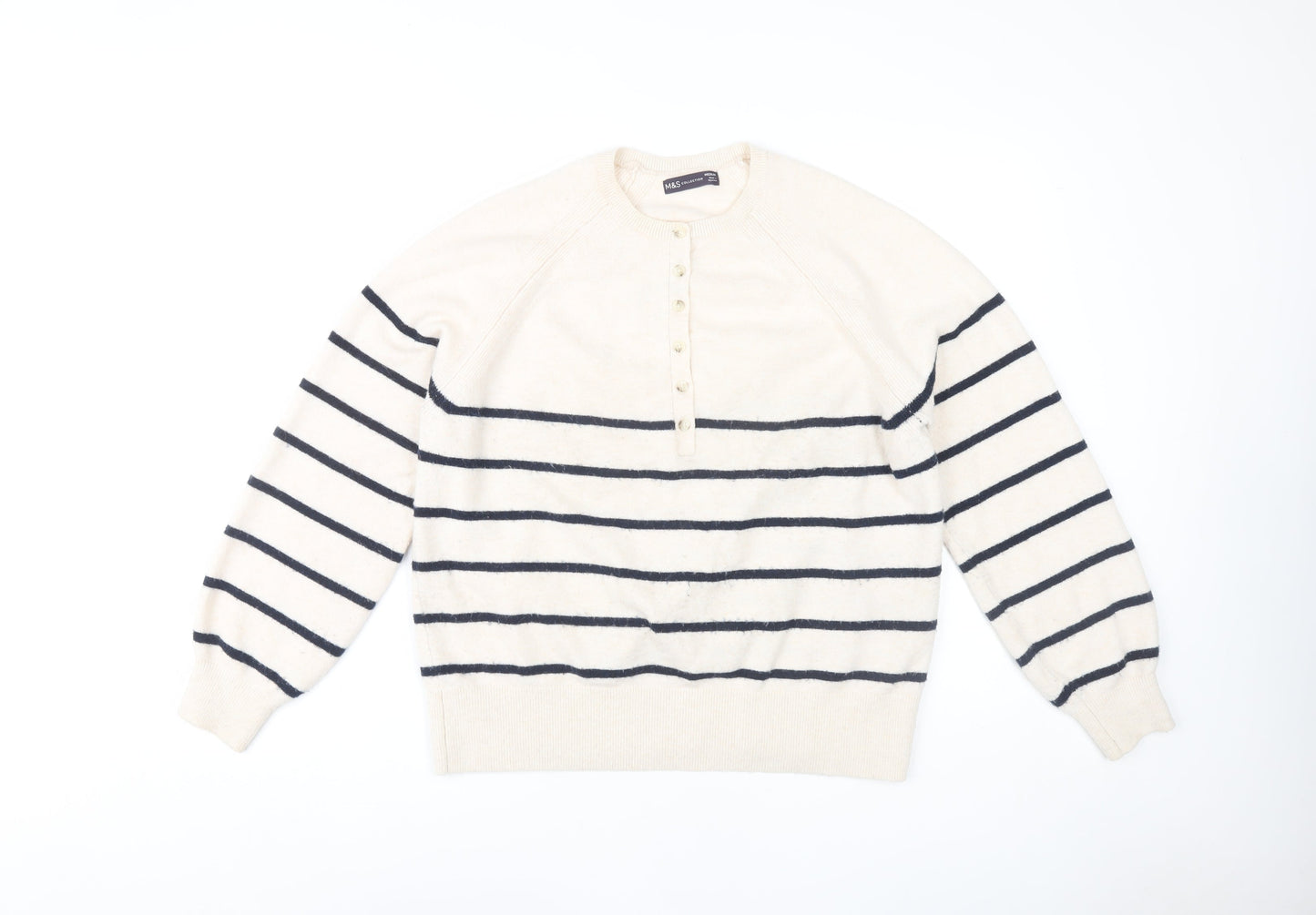Marks and Spencer Women's Ivory Striped Henley Jumper M