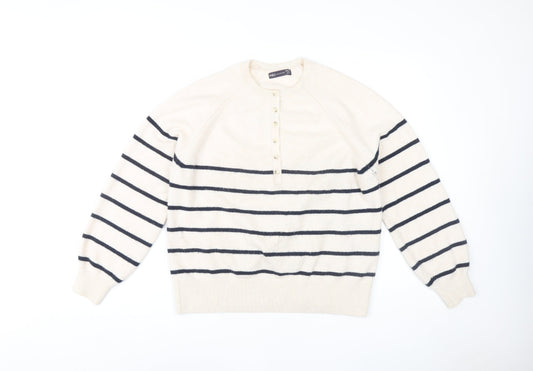 Marks and Spencer Women's Ivory Striped Henley Jumper M