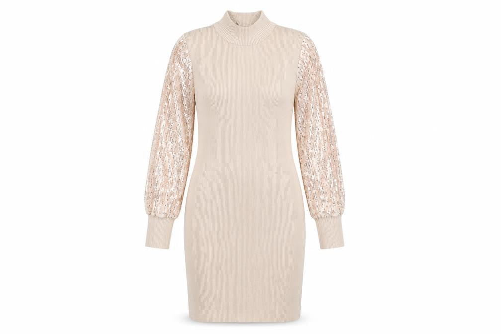 Quiz Beige Bodycon Dress Women's S High Neck Sequin Sleeve