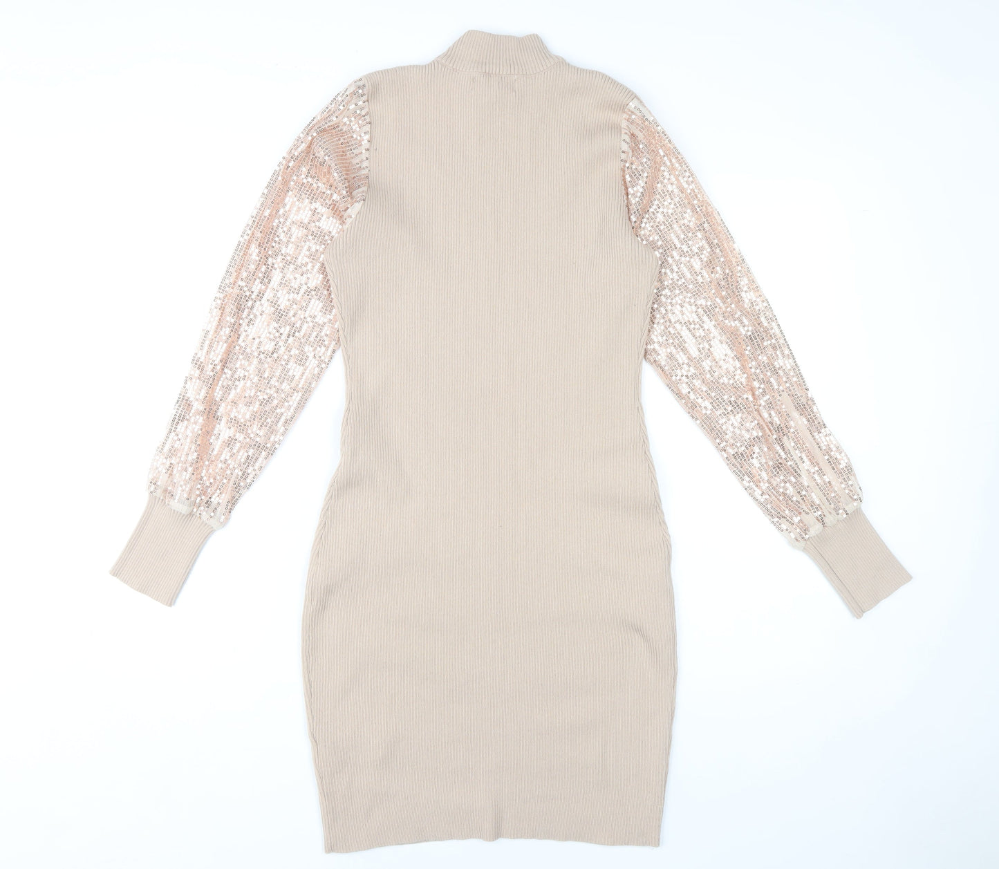 Quiz Beige Bodycon Dress Women's S High Neck Sequin Sleeve