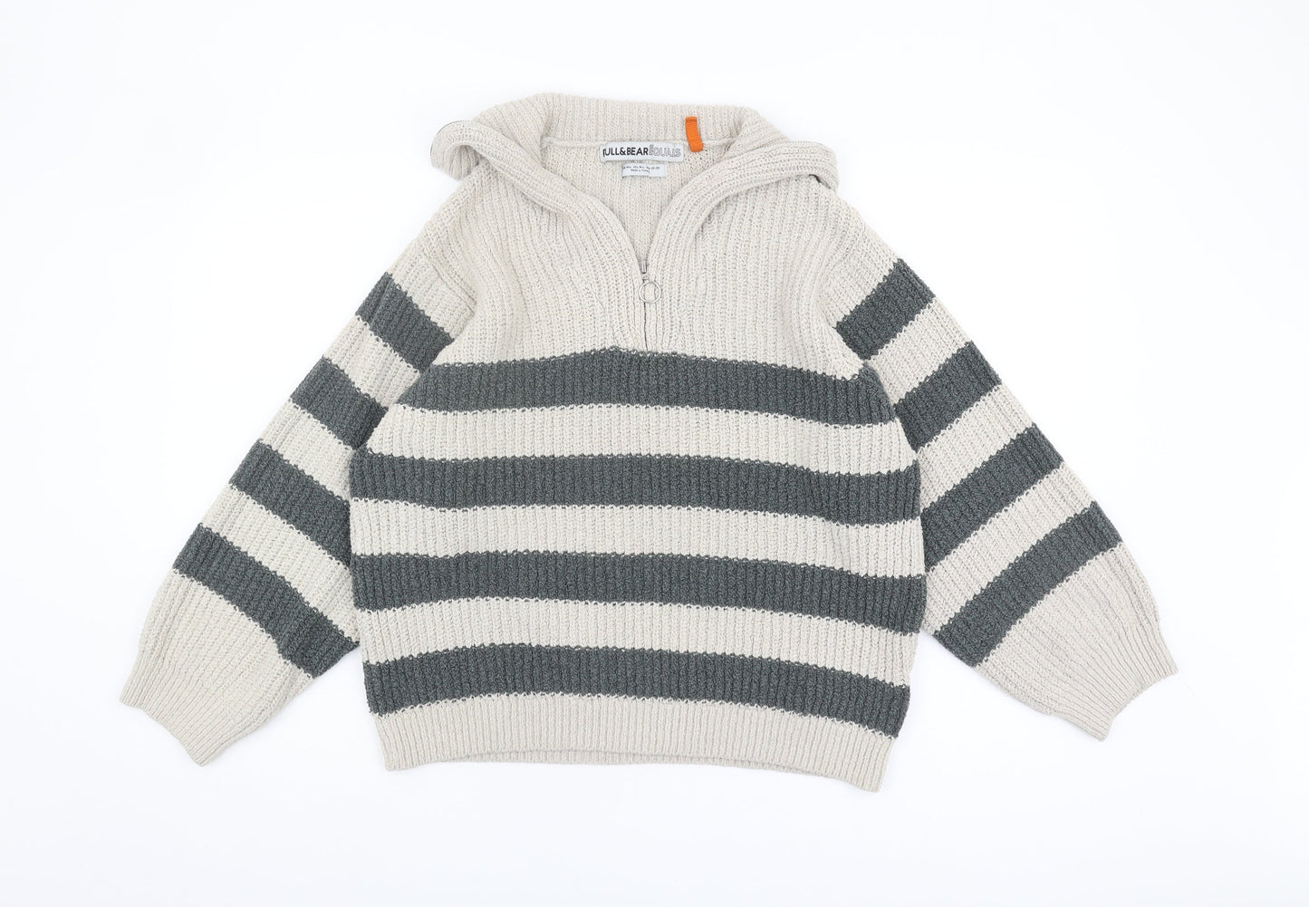 Pull&Bear Grey Striped Chunky-Knit Unisex Jumper - L