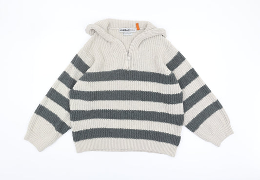 Pull&Bear Grey Striped Chunky-Knit Unisex Jumper - L