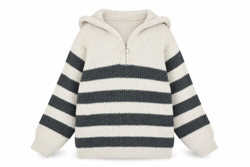 Pull&Bear Grey Striped Chunky-Knit Unisex Jumper - L