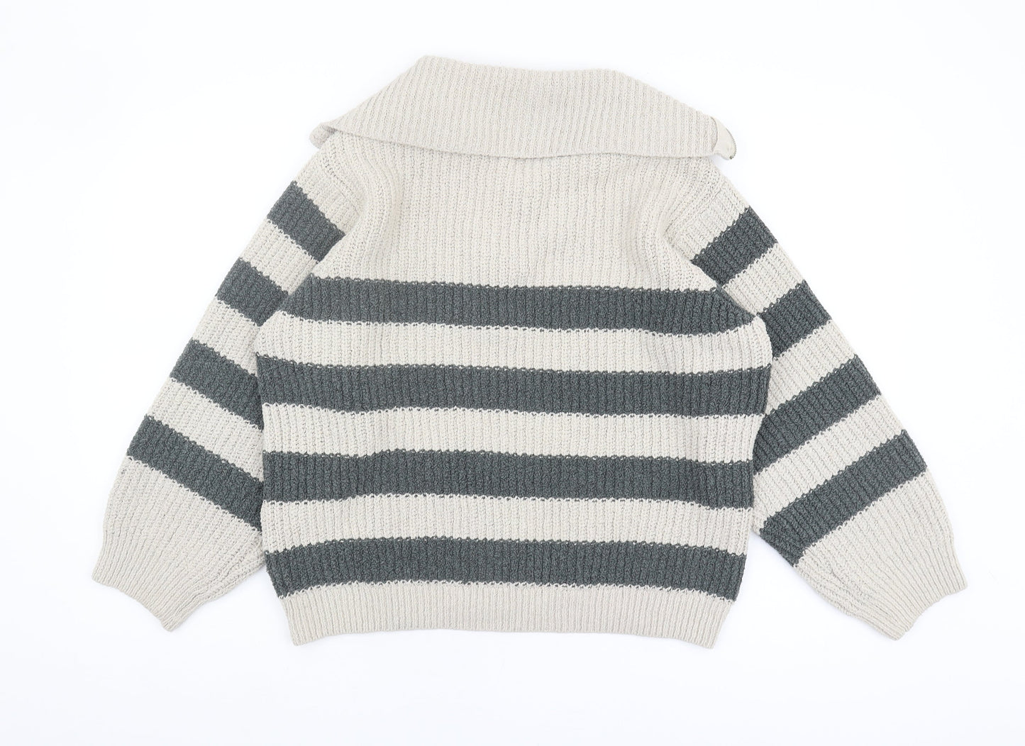 Pull&Bear Grey Striped Chunky-Knit Unisex Jumper - L