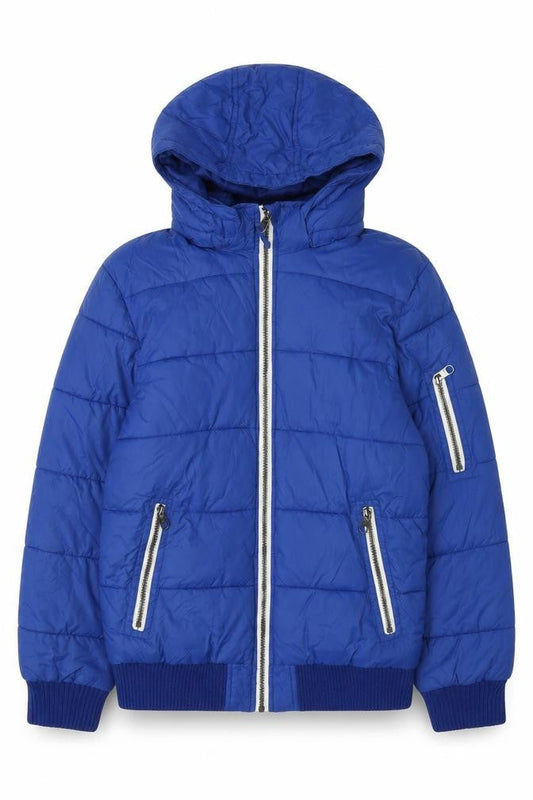 Front view of H&M boys’ blue puffer jacket 13 years hooded winter coat