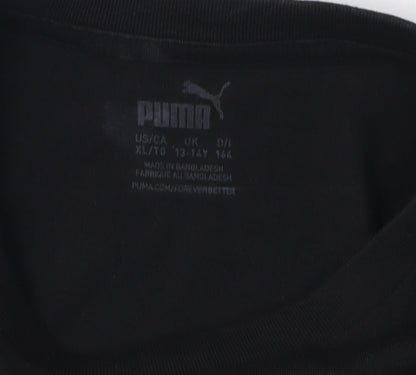 Close-up detail of Puma boys’ black graphic t-shirt 13-14 years