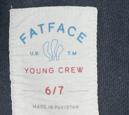 Close-up detail of FatFace girls’ blue pullover sweatshirt 6-7 years