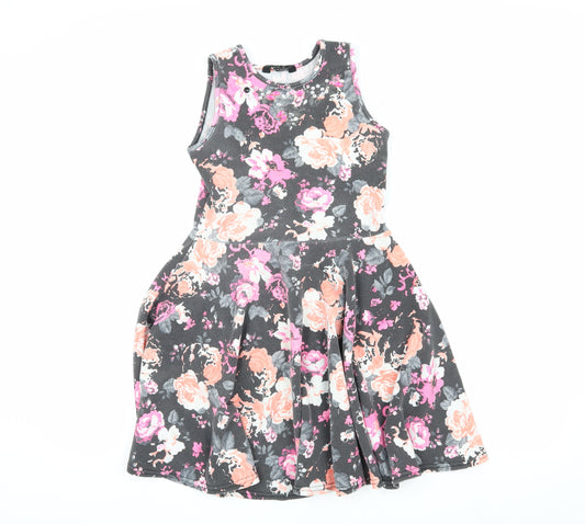 Girls Multicoloured Skater Dress, Floral, 9-10 Yrs, Casual Elegance