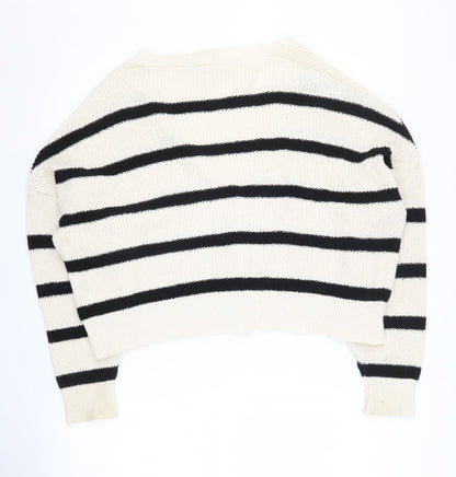 Pull&Bear Women's Ivory S V-Neck Striped Cardigan