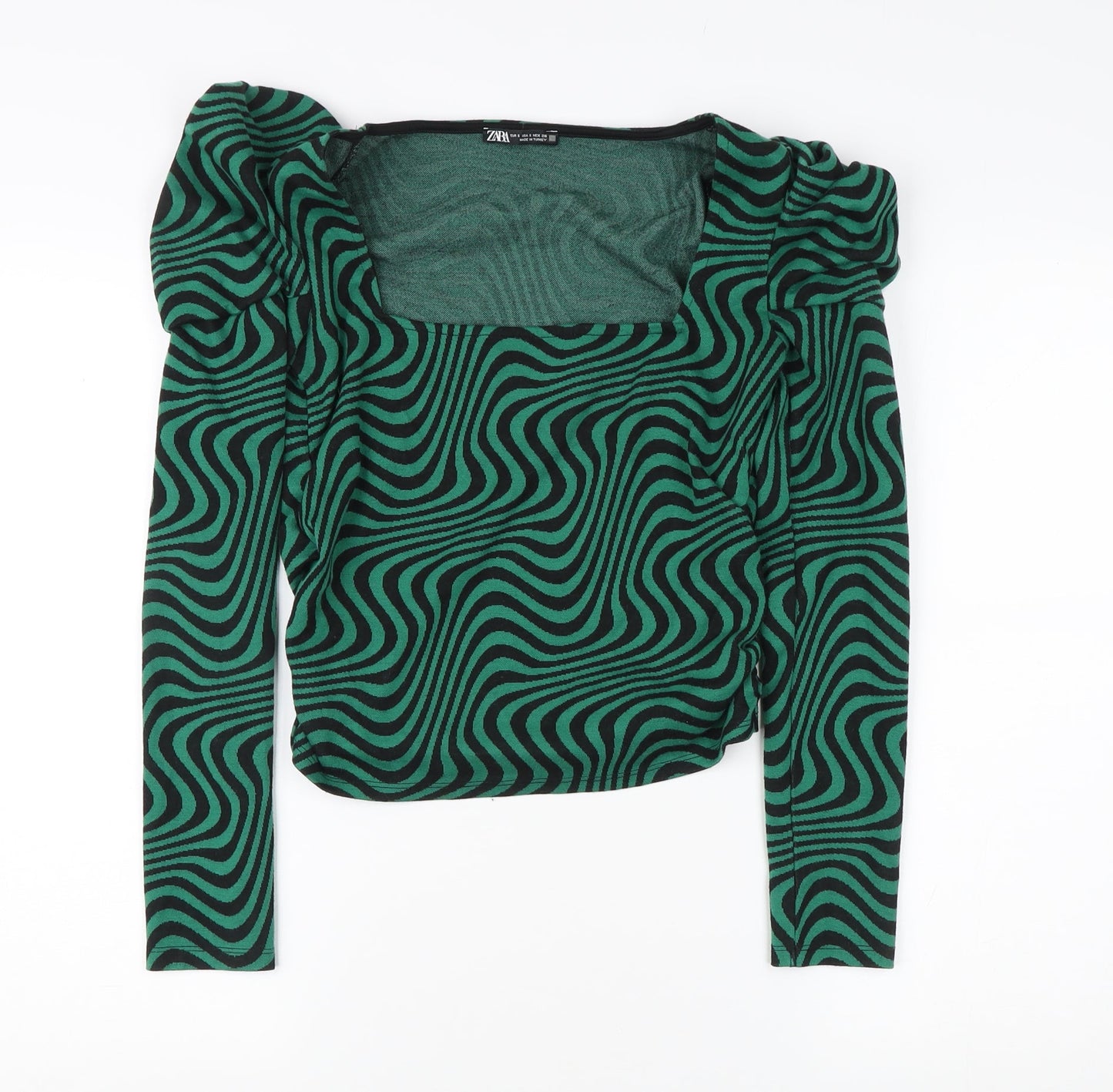 Zara Women’s Green Geometric Blouse, Size S, Puff Sleeve