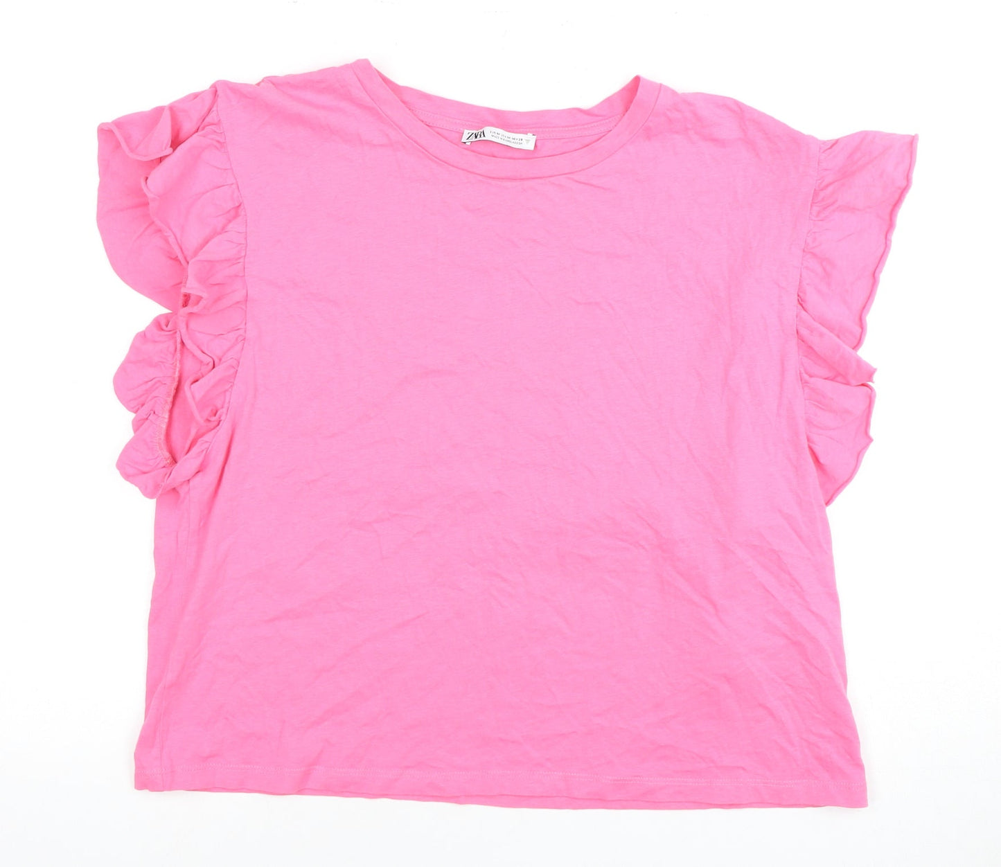 Zara Women's Pink Ruffle Sleeve T-Shirt - M, Cotton