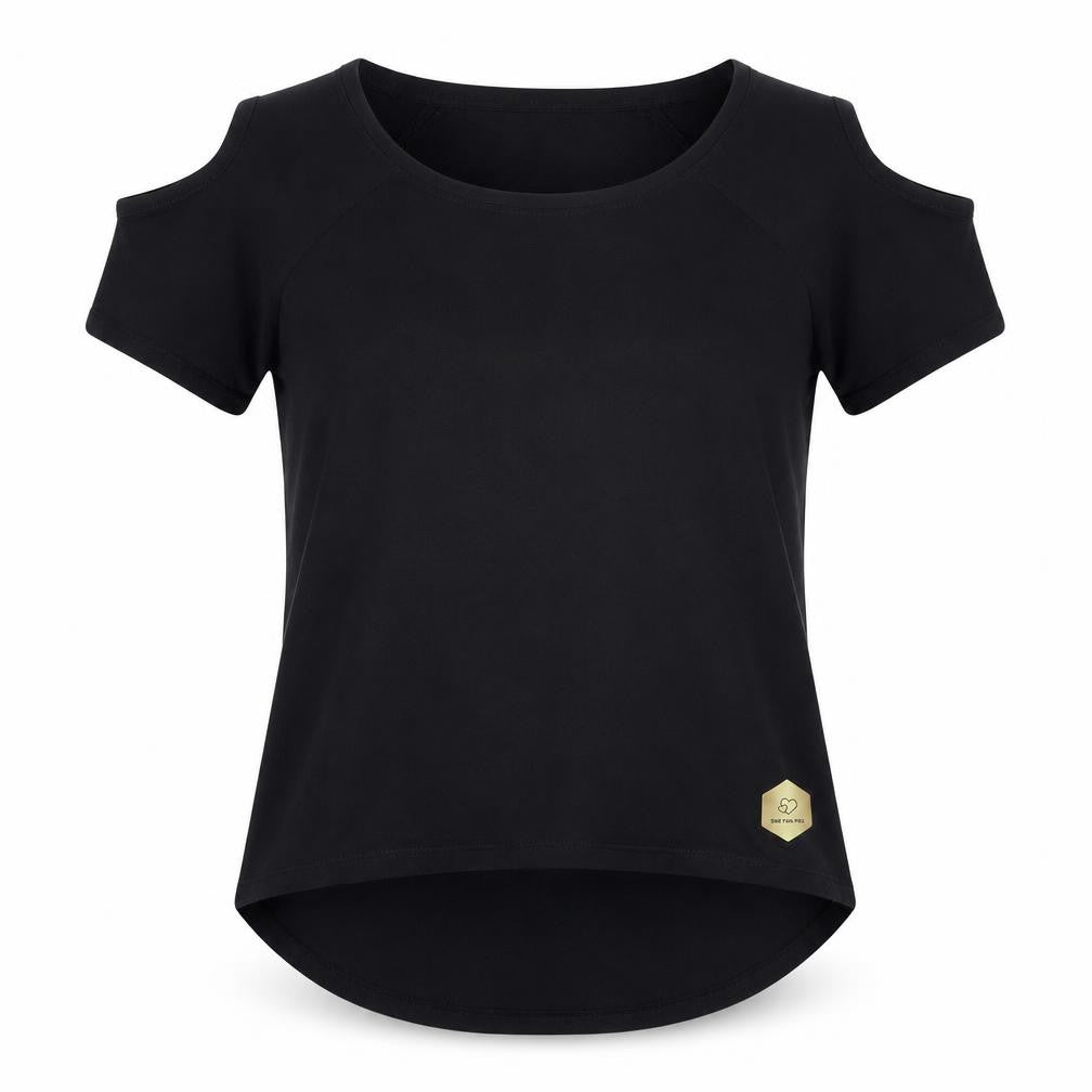 SkinniFit Women’s Black Cold Shoulder T-Shirt, Size S
