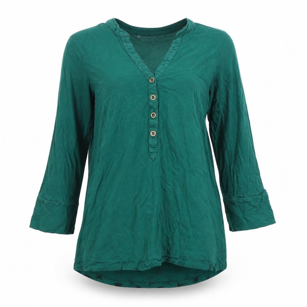 mamas & papas Women's Green Animal/Cats Print Button-Up 3/4 Sleeve Top