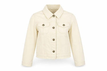 Front view of Mantary girls’ beige denim jacket, size 7, cotton