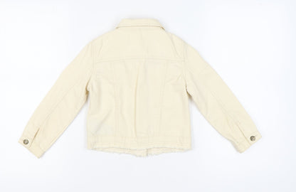 Back view of Mantary girls’ beige denim jacket, size 7, cotton