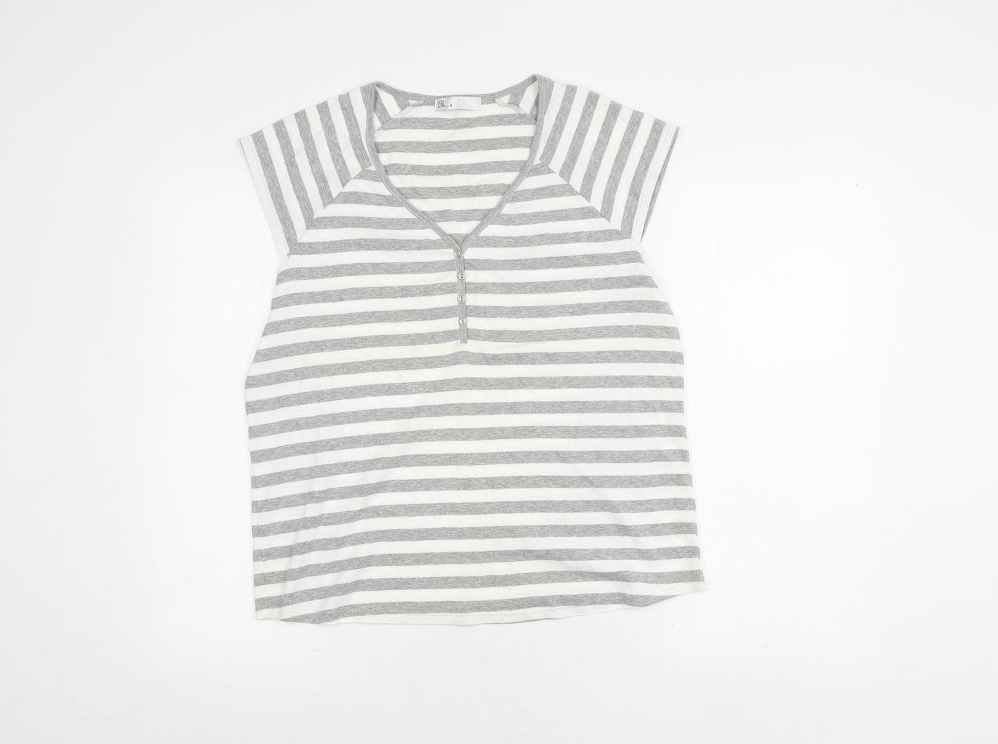 Bhs Women's Grey & White Striped V-Neck Top - Size 20
