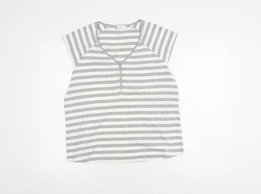 Bhs Women's Grey & White Striped V-Neck Top - Size 20