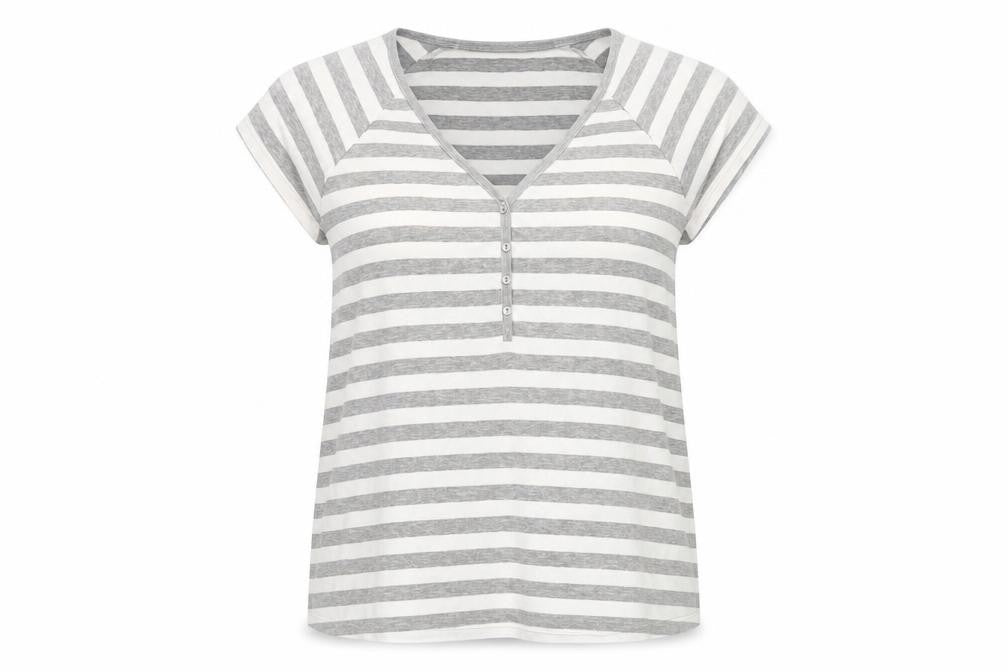 Bhs Women's Grey & White Striped V-Neck Top - Size 20