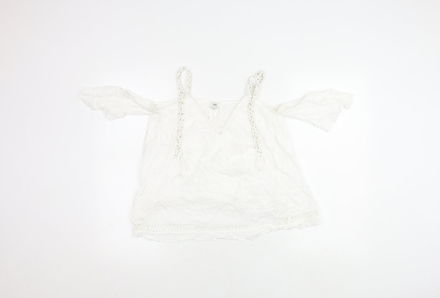 River Island Women's White V-Neck Tasselled Top Size 8