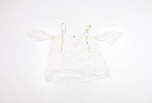 River Island Women's White V-Neck Tasselled Top Size 8