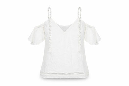 River Island Women's White V-Neck Tasselled Top Size 8