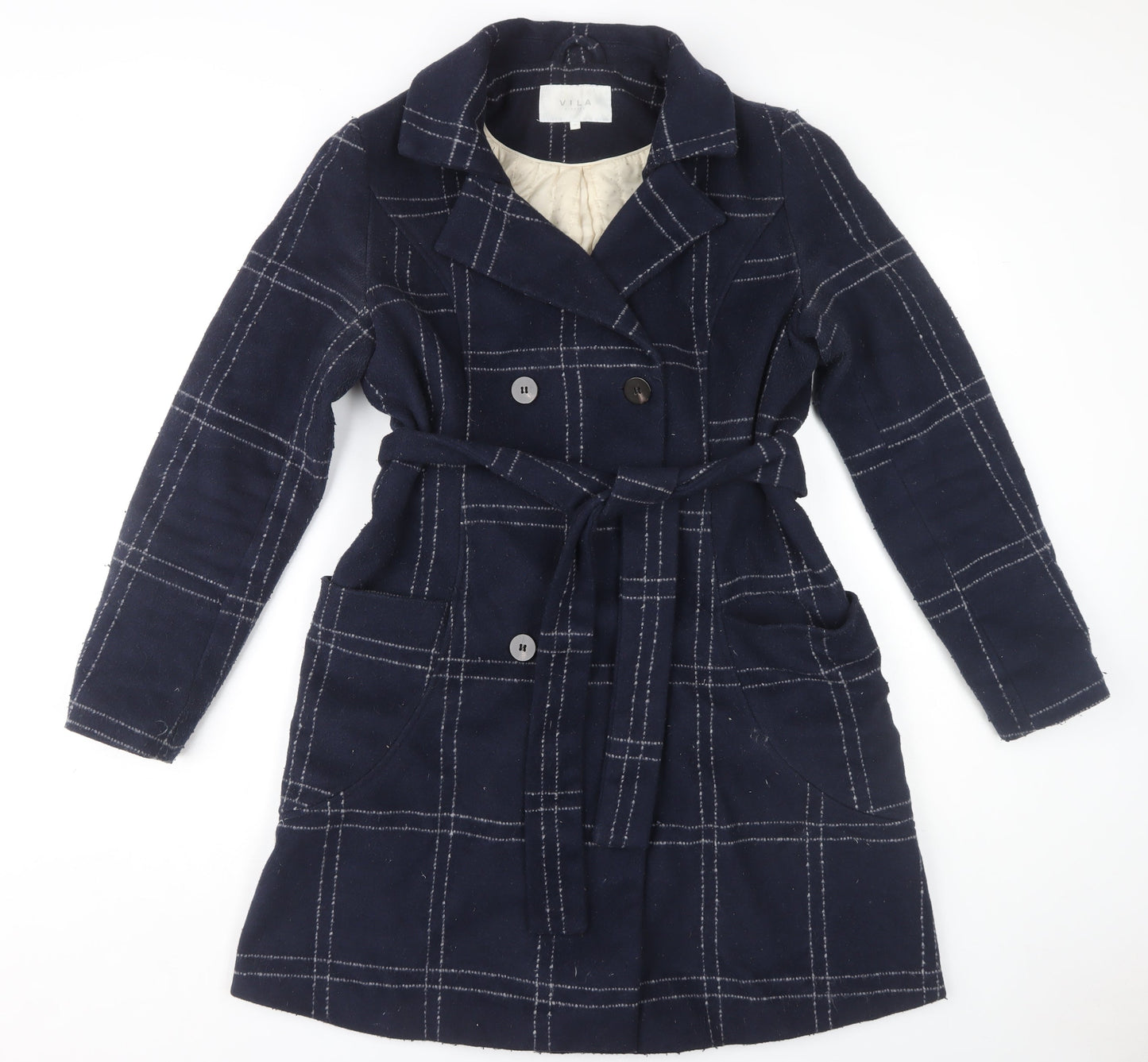 Vila Women's Blue Check Overcoat Size 10
